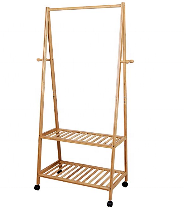 Bamboo Clothes Rack Portable Rolling Garment Rack on Wheels Heavy Duty Clothing Hanging Rack Rod with Shoe Shelves