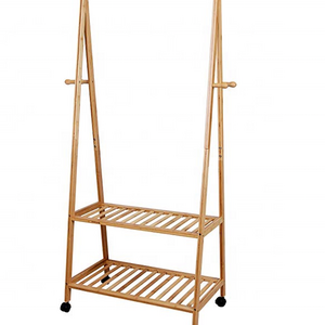 Bamboo Clothes Rack Portable Rolling Garment Rack on Wheels Heavy Duty Clothing Hanging Rack Rod with Shoe Shelves