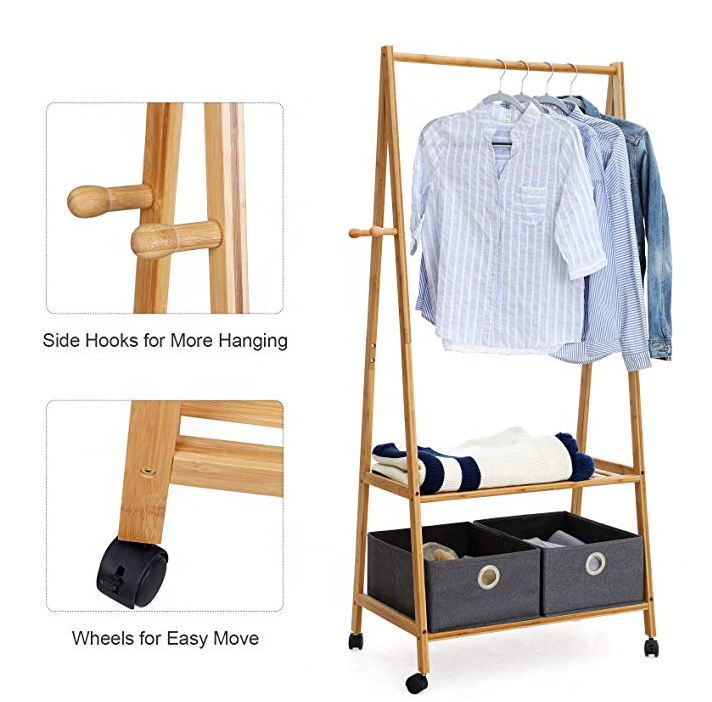 Bamboo Clothes Rack Portable Rolling Garment Rack on Wheels Heavy Duty Clothing Hanging Rack Rod with Shoe Shelves