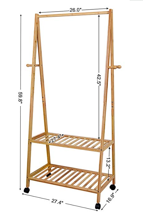 Bamboo Clothes Rack Portable Rolling Garment Rack on Wheels Heavy Duty Clothing Hanging Rack Rod with Shoe Shelves