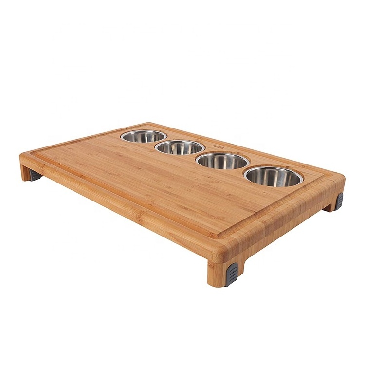 Wholesale Bamboo Cutting board with Integrated Stainless Steel Mise en Place Prep Bowls,