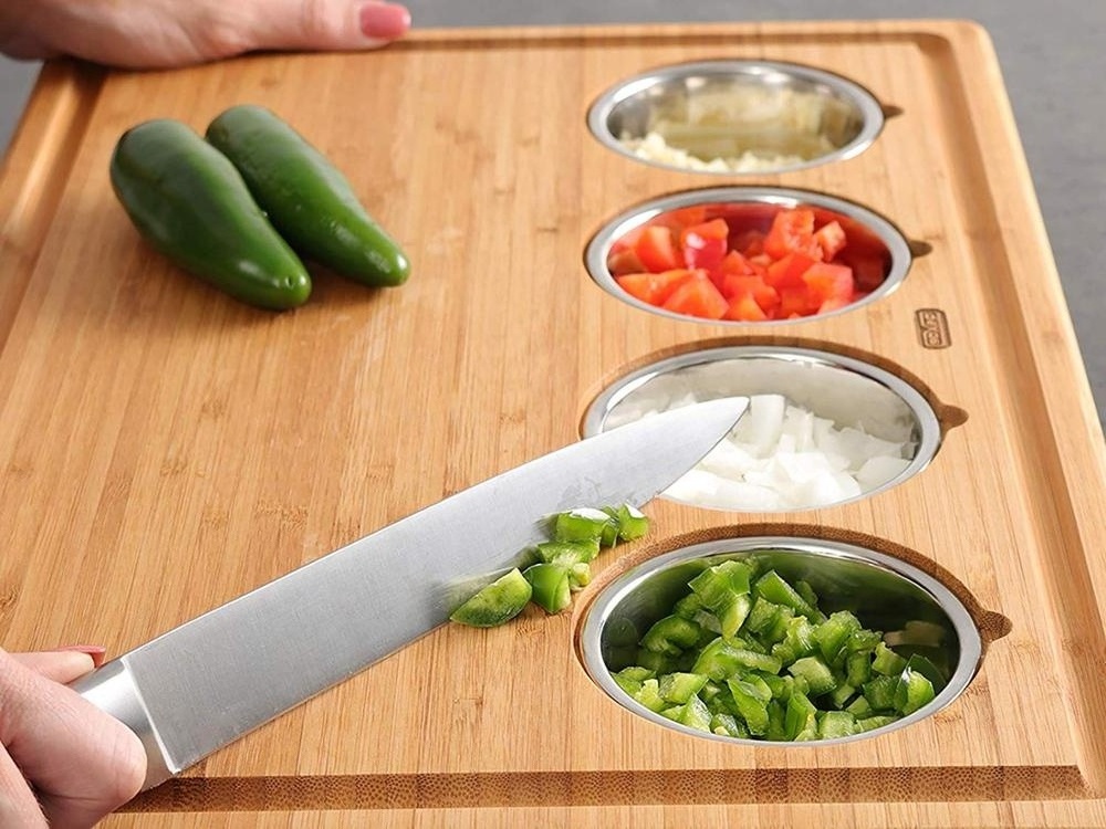 Wholesale Bamboo Cutting board with Integrated Stainless Steel Mise en Place Prep Bowls,