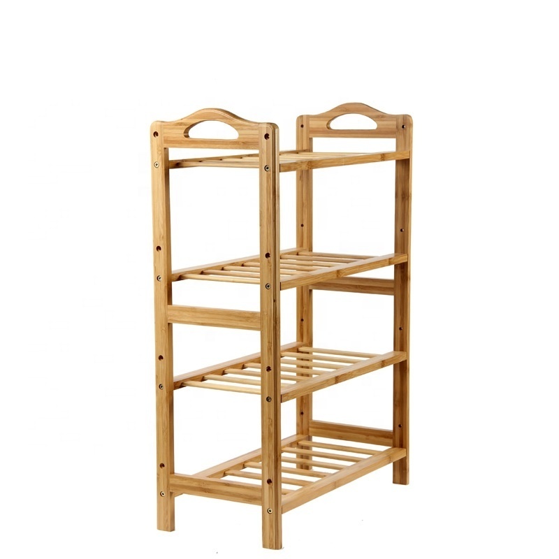 Multifunctional Entryway Organizer Shelf Wooden Shoe Display Rack Stand 4-Tier Bamboo Shoe Racks with Handle Shoe Racks