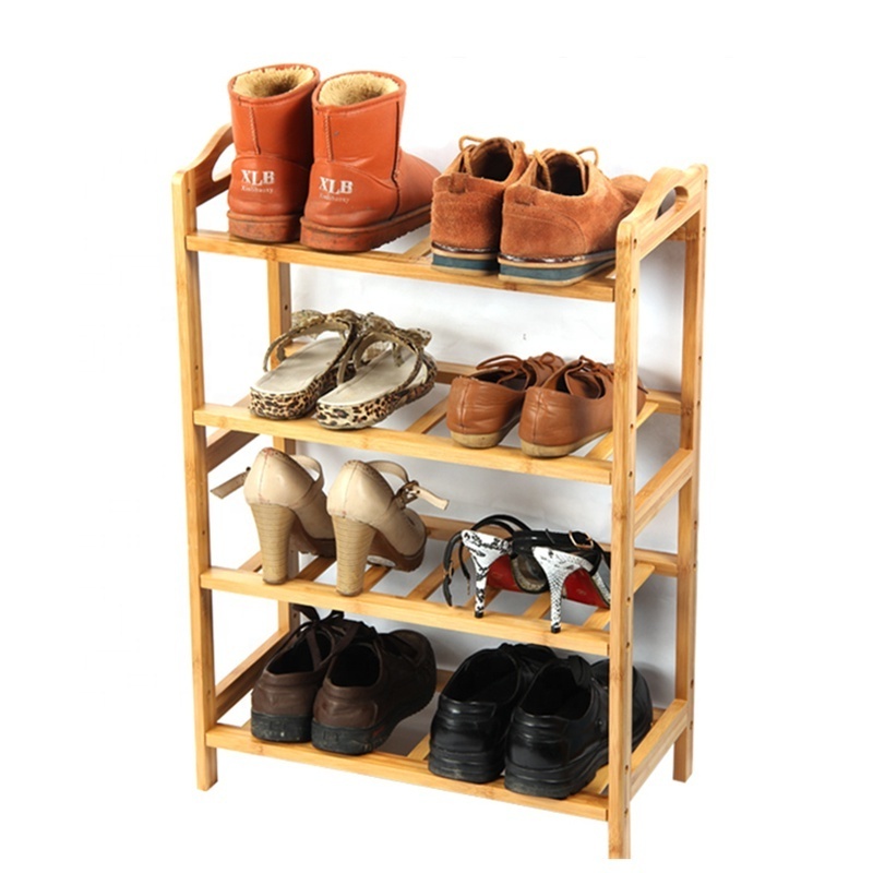 Multifunctional Entryway Organizer Shelf Wooden Shoe Display Rack Stand 4-Tier Bamboo Shoe Racks with Handle Shoe Racks