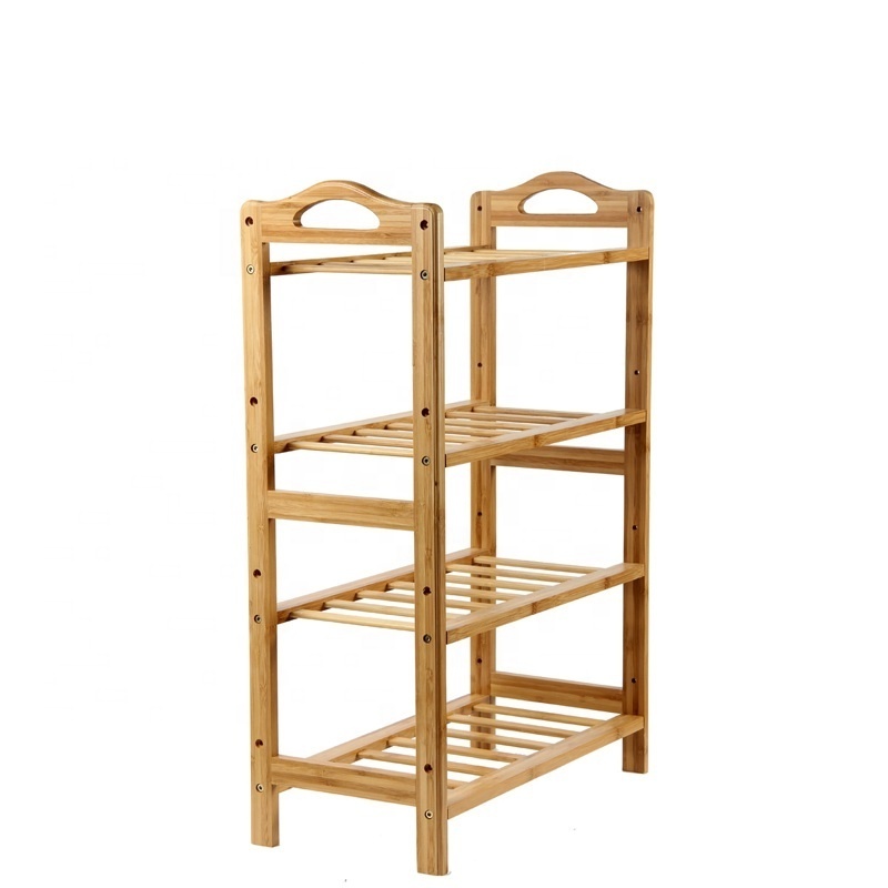 Multifunctional Entryway Organizer Shelf Wooden Shoe Display Rack Stand 4-Tier Bamboo Shoe Racks with Handle Shoe Racks