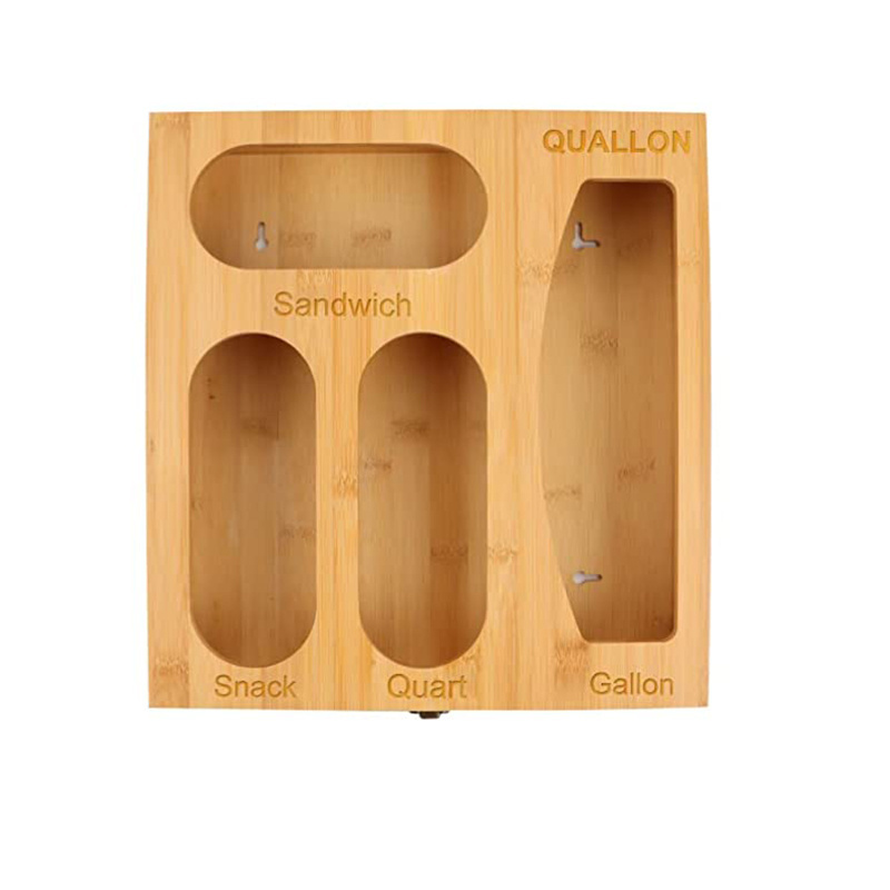 Bamboo Ziplock Bag Organizer Box 4 in 1 Wall Mounted Sandwich Bag Dispenser Holder Kitchen Organization for Variety Size Bag