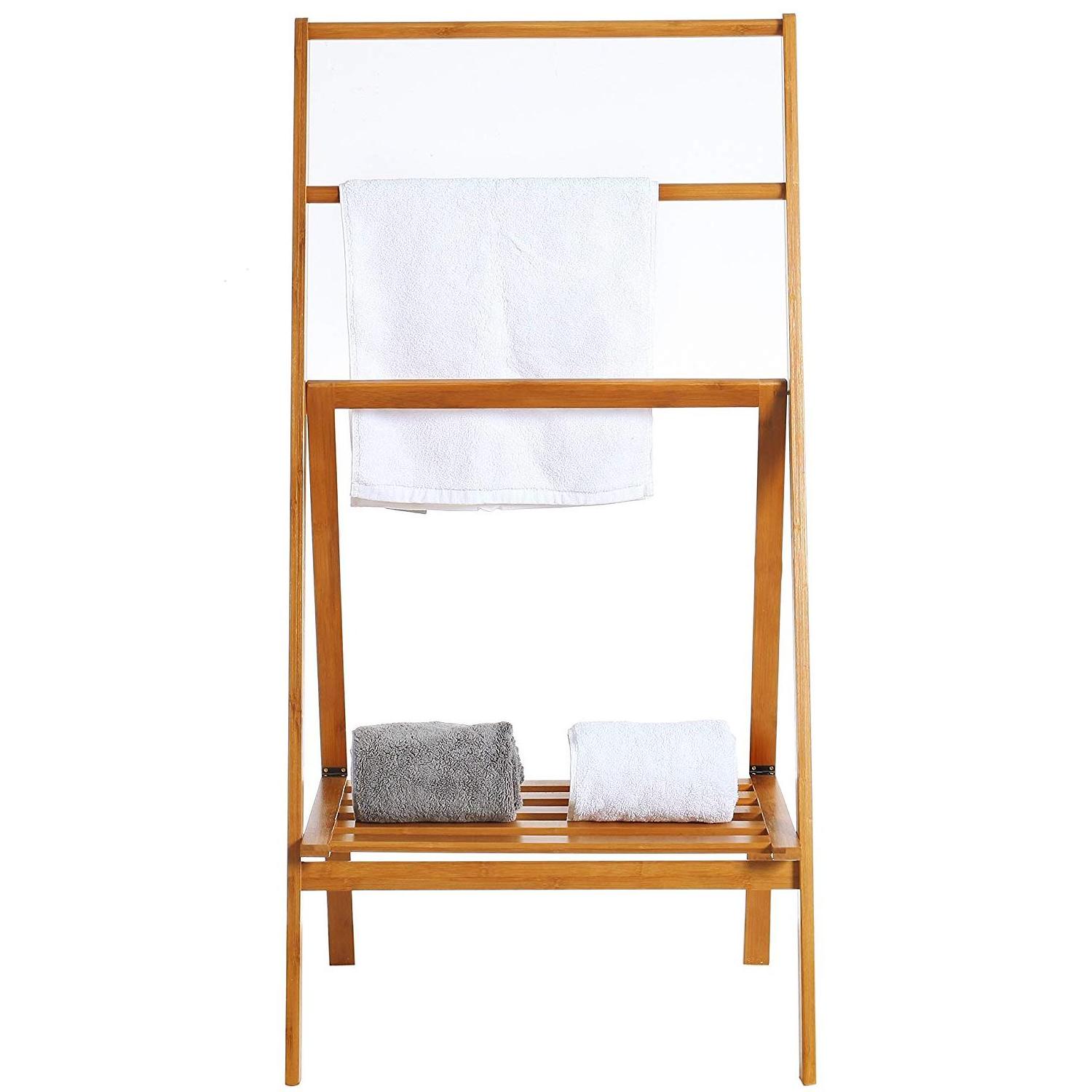 Bamboo Foldable Towel Rack Freestanding Beach Towel & Poolside Rack with Bottom Storage Shelf Outdoor Indoor