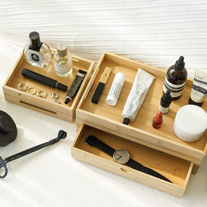 Modern Bamboo Bathroom Organizer Tray and Drawer Small Desk Storage for Vanity Toiletries Lacquer Technique