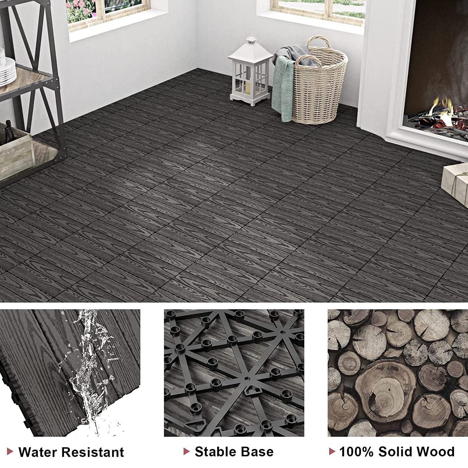 bamboo laminate Flooring Outdoor Waterproof All Weather Use, Wood Flooring for Patio Garden Poolside Front/Back Yard, Dark Grey