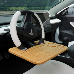 Bamboo Double-Sided Steering Wheel Tray for SUV or Truck with Storage Bag, Smooth Finish Steering Wheel Desk Acacia tray