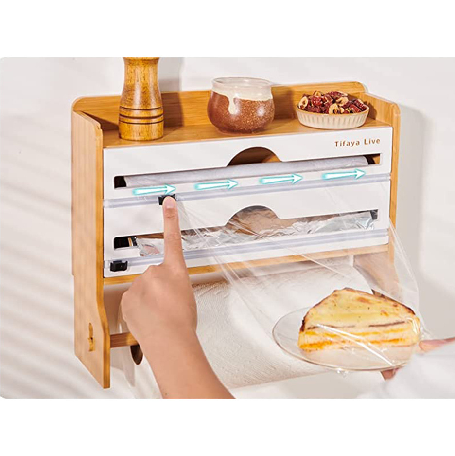 Bamboo 4 in 1 Wrap Dispenser with Cutter Wall-Mounted Kitchen Paper Towel Holder Spice Jars Organizer