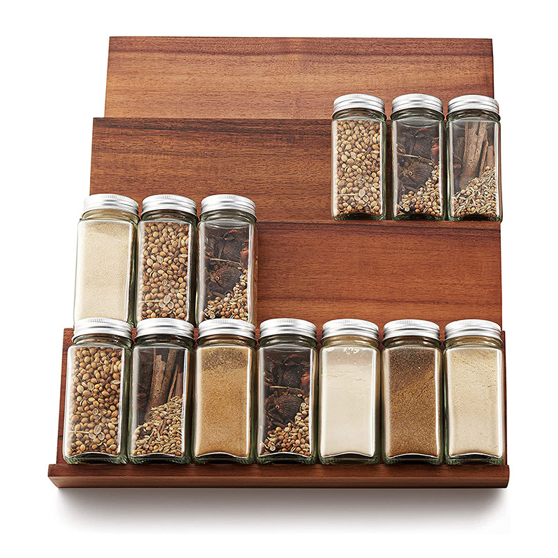 Acacia Wood Kitchen Spice Organizer Rack Spice Drawer Organizer Tray with 28 Jars for Kitchen Cabinets