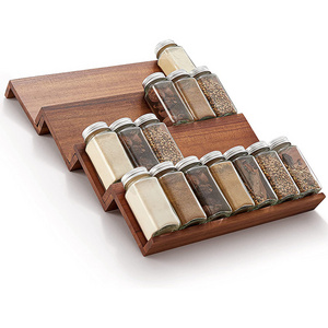 Acacia Wood Kitchen Spice Organizer Rack Spice Drawer Organizer Tray with 28 Jars for Kitchen Cabinets