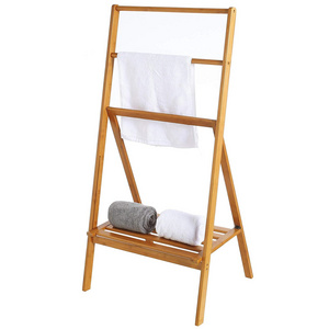 Bamboo Foldable Towel Rack Freestanding Beach Towel & Poolside Rack with Bottom Storage Shelf Outdoor Indoor