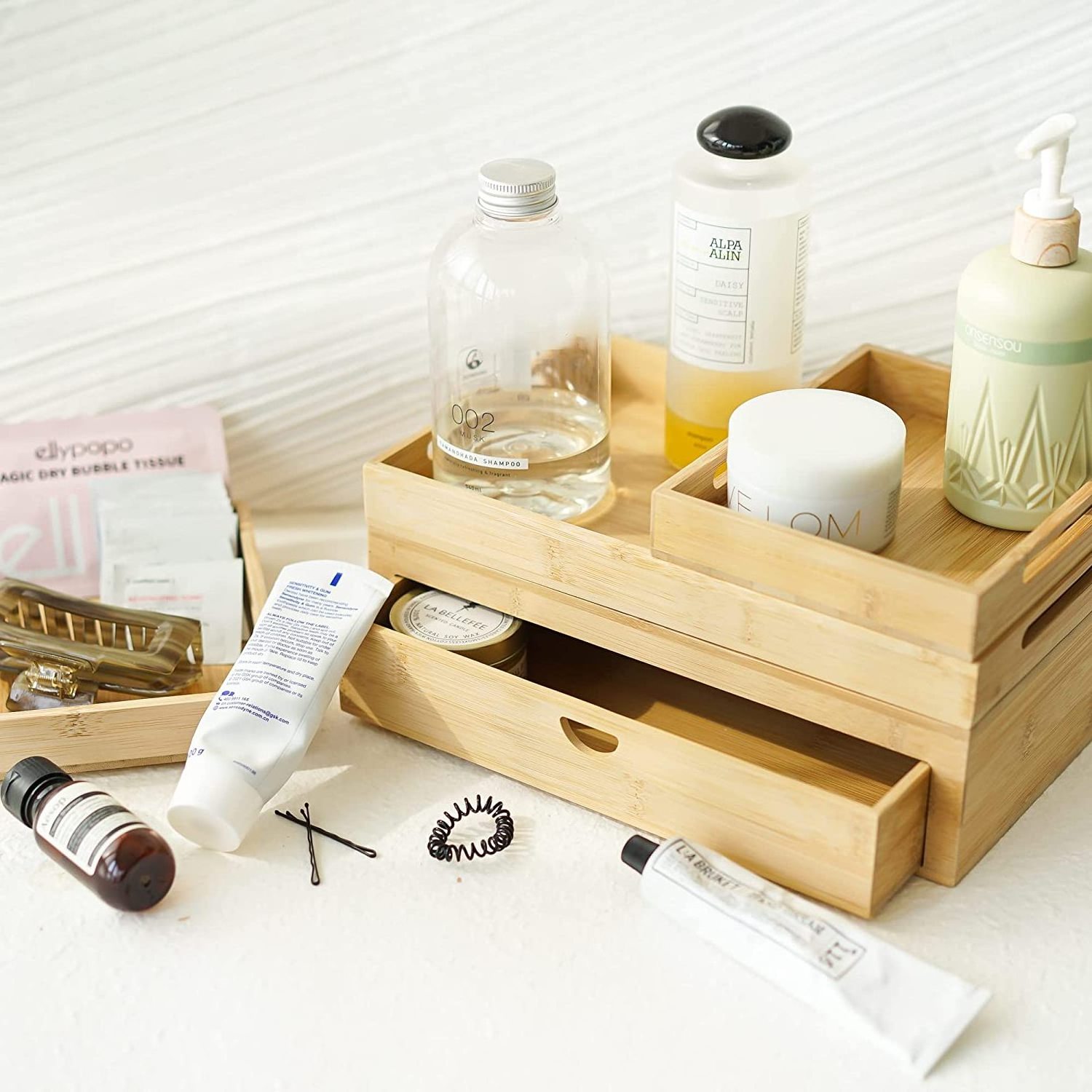 Modern Bamboo Bathroom Organizer Tray and Drawer Small Desk Storage for Vanity Toiletries Lacquer Technique