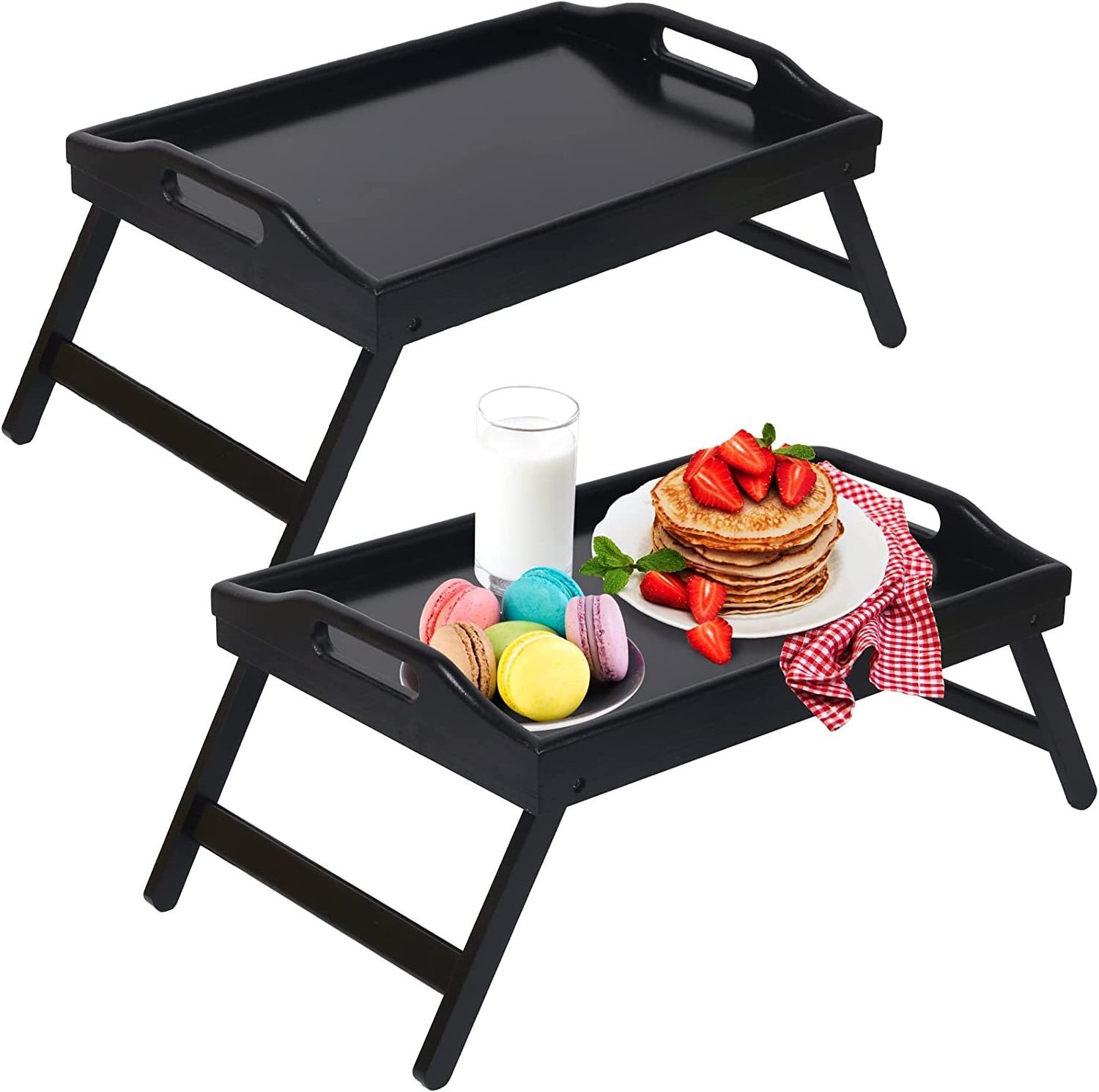 2 Pack Black Bed Tray Table with Foldable Legs Bamboo Breakfast Tray with Handles