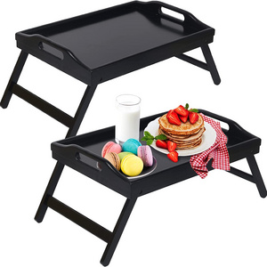 2 Pack Black Bed Tray Table with Foldable Legs Bamboo Breakfast Tray with Handles