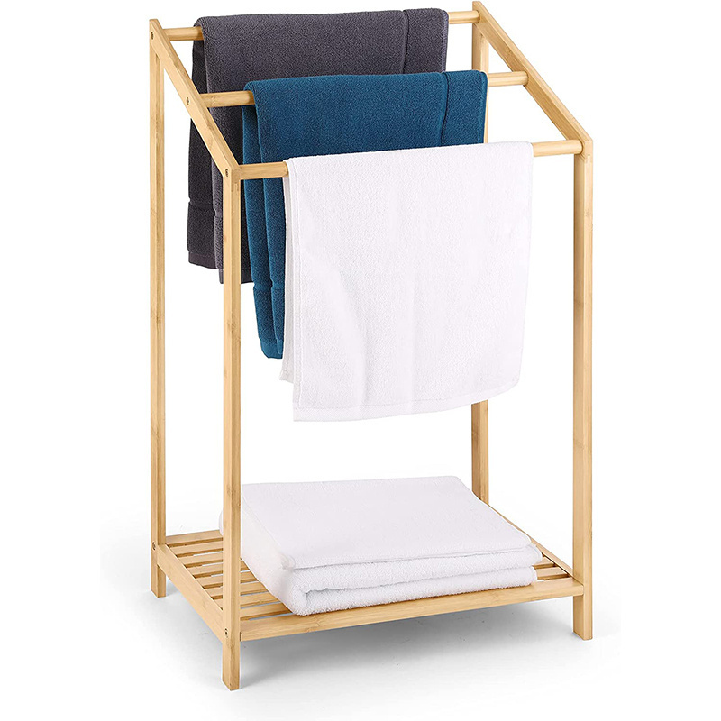 Bamboo 3 Tier Towel Rack with Bottom Storage Shelf Freestanding Blanket Organizer Shelf for Living Room Bathroom or Bedroom