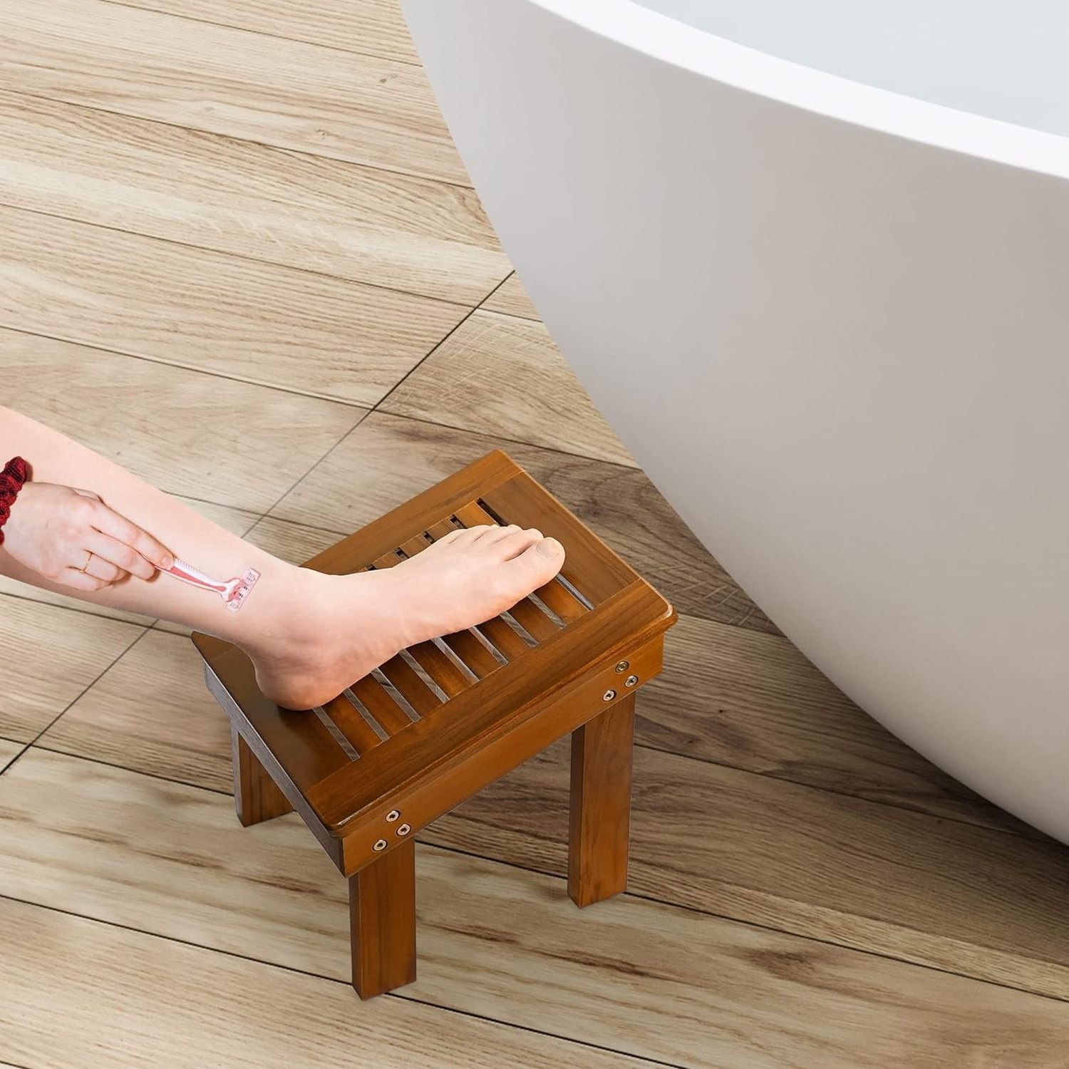 Modern Design Teak Wood Shower Foot Stool Sturdy Foot Rest for Shaving Legs for Bathroom Use at Home