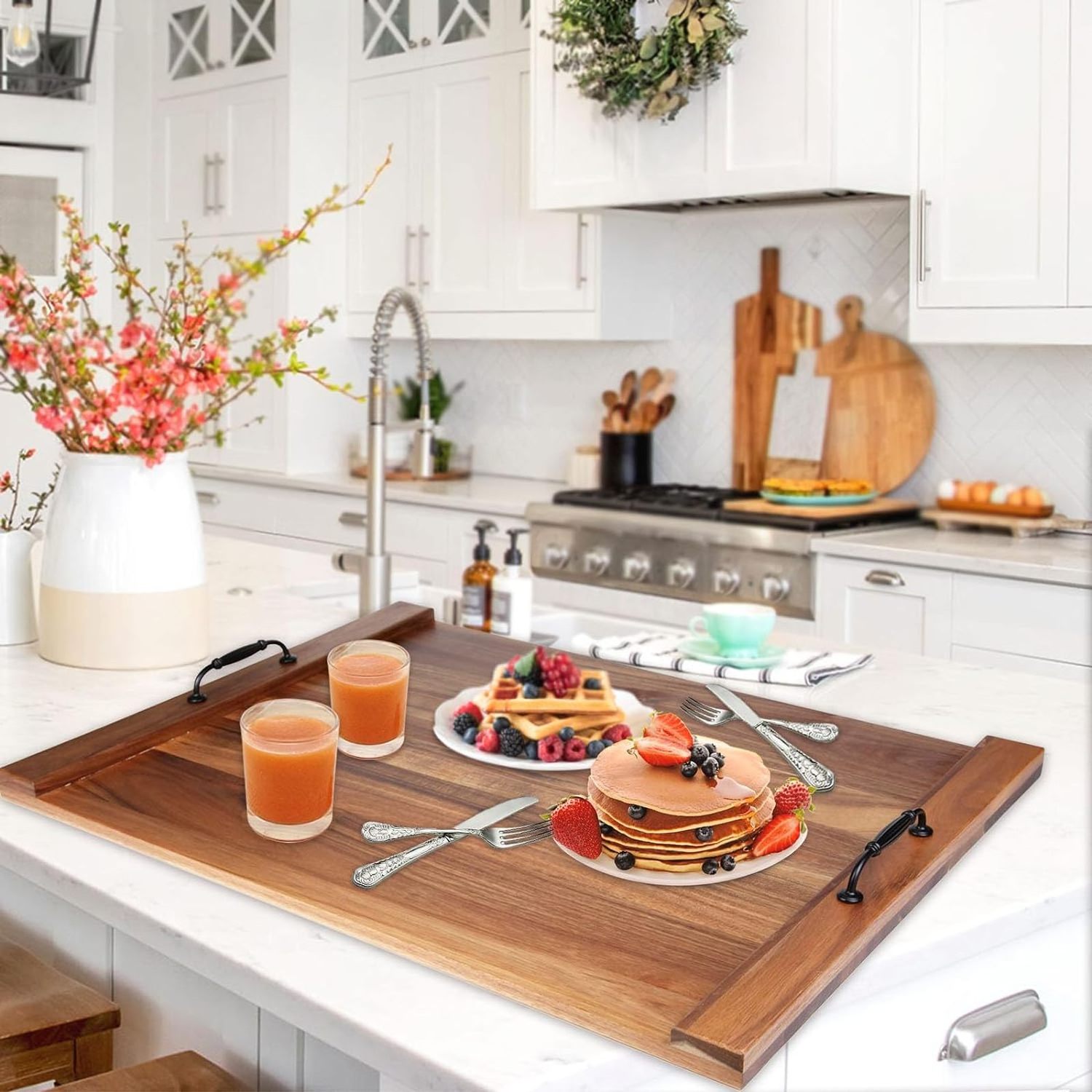 Decorative Oversized Kitchen Serving Tray with Metal Handle Extra Large Acacia Wood Stove Top Covers Cutting Board