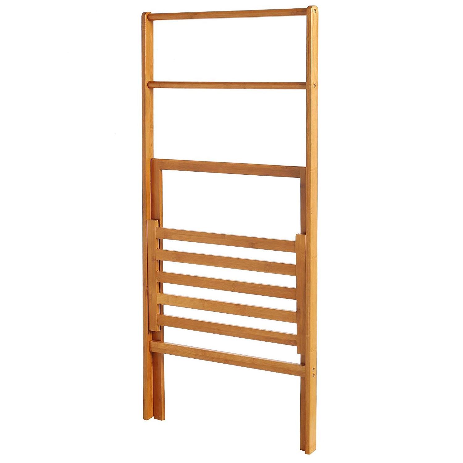 Bamboo Foldable Towel Rack Freestanding Beach Towel & Poolside Rack with Bottom Storage Shelf Outdoor Indoor