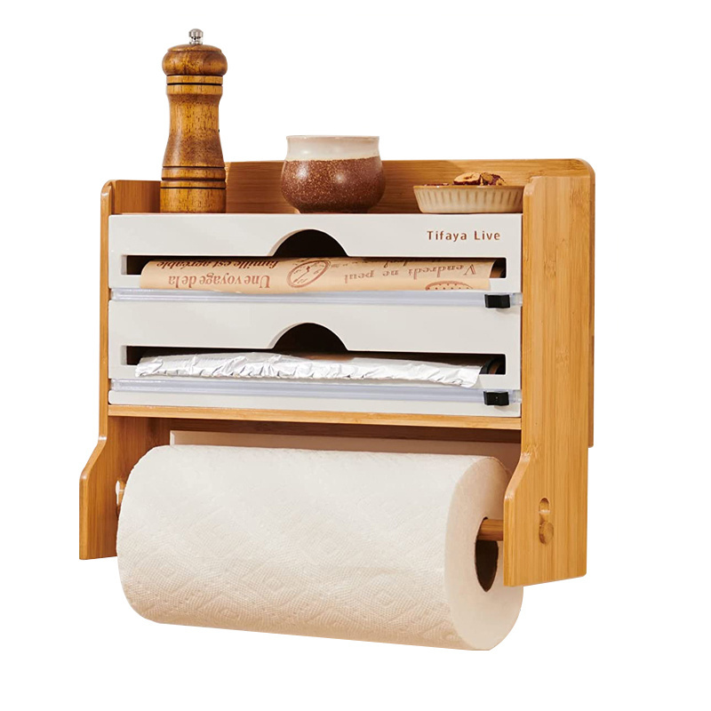 Bamboo 4 in 1 Wrap Dispenser with Cutter Wall-Mounted Kitchen Paper Towel Holder Spice Jars Organizer