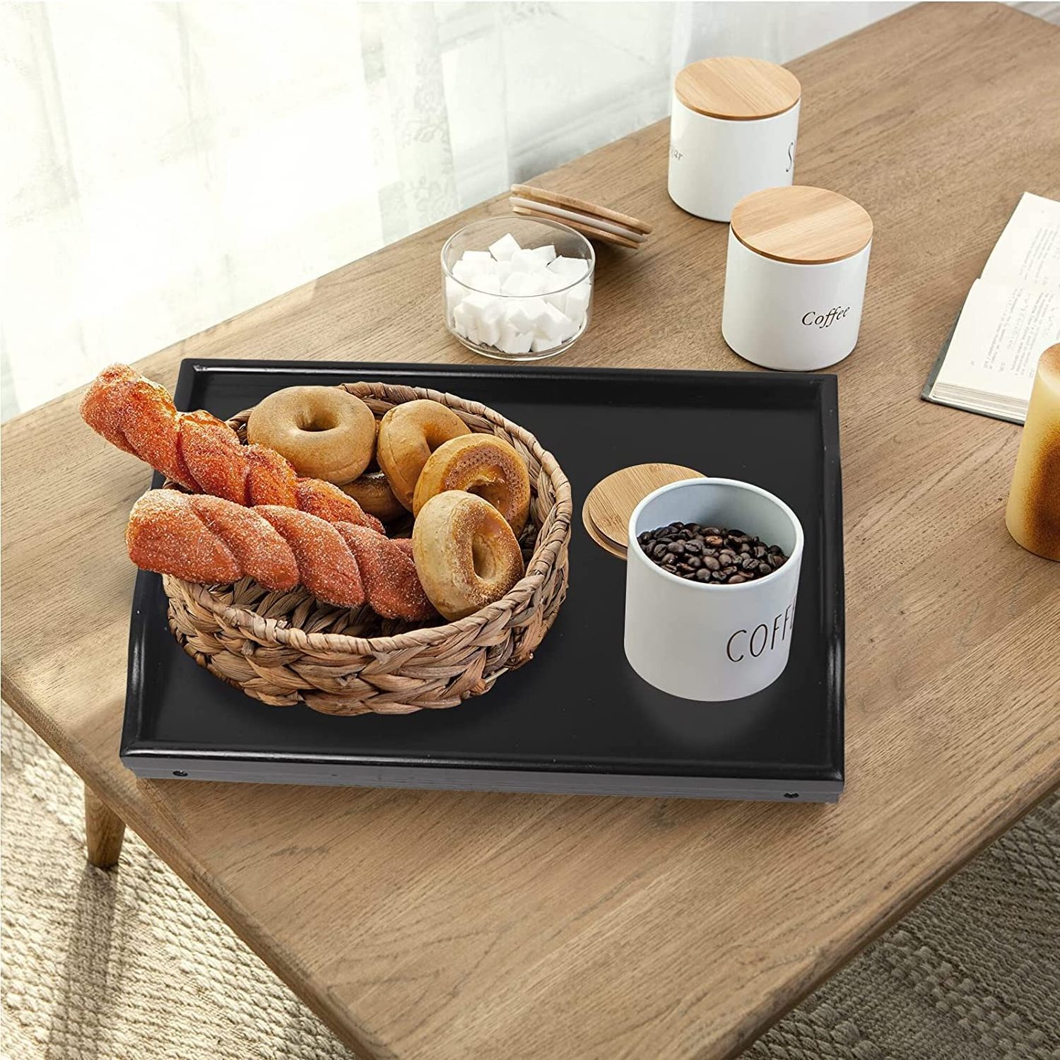 2 Pack Black Bed Tray Table with Foldable Legs Bamboo Breakfast Tray with Handles