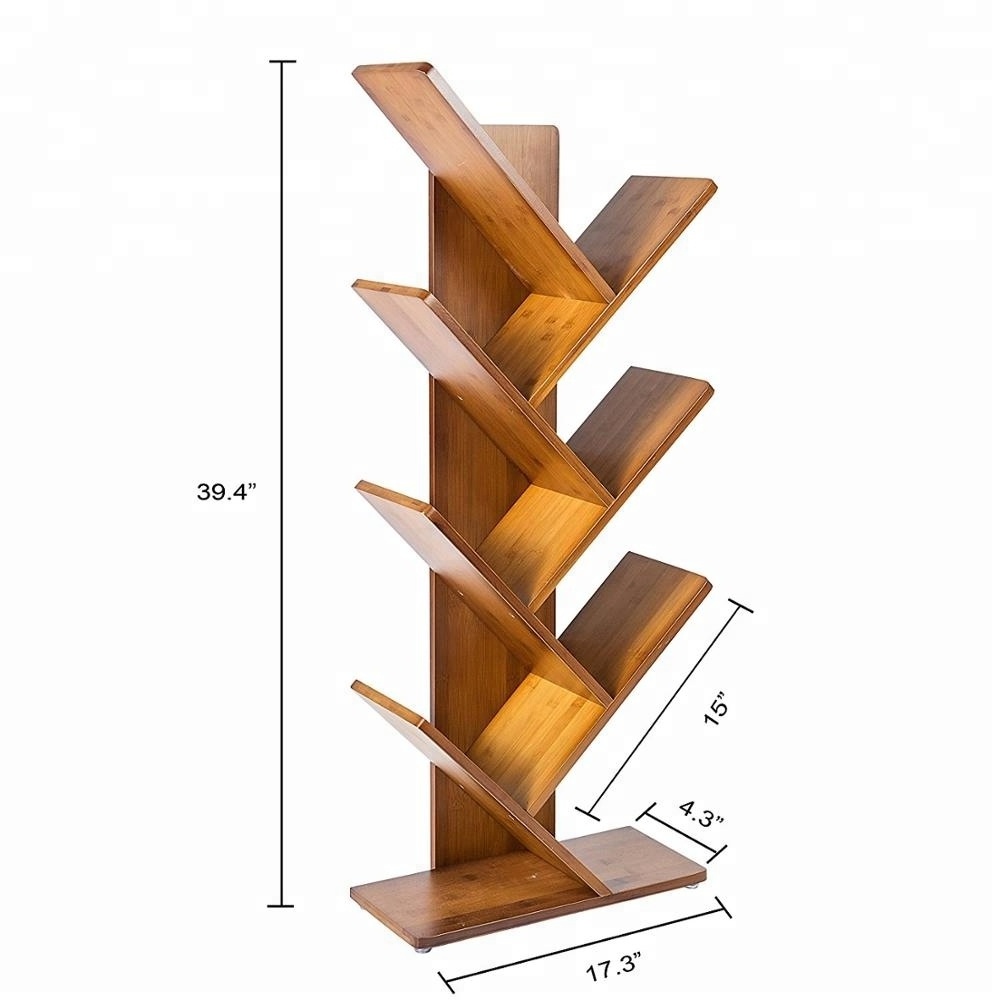 Wholesale Bamboo 6 Tier Tree Bookshelf Free Standing Tree Shape Bookcase Wood Storage Rack Organizer Shelf for CDs/Movies/Books