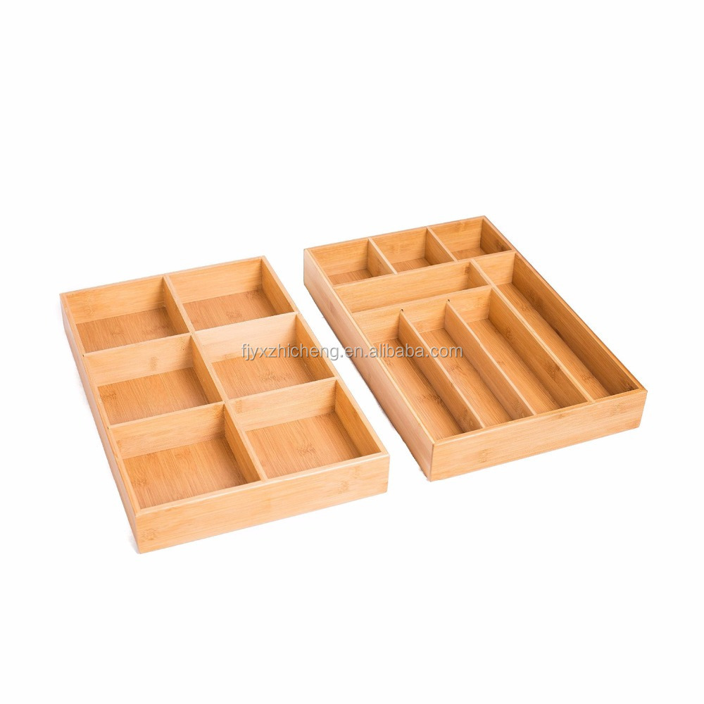 2Pcs Kitchen Bamboo Silverware Trays Set With Adjustable Dividers Fits spoons, forks, knives and other kitchen utensils