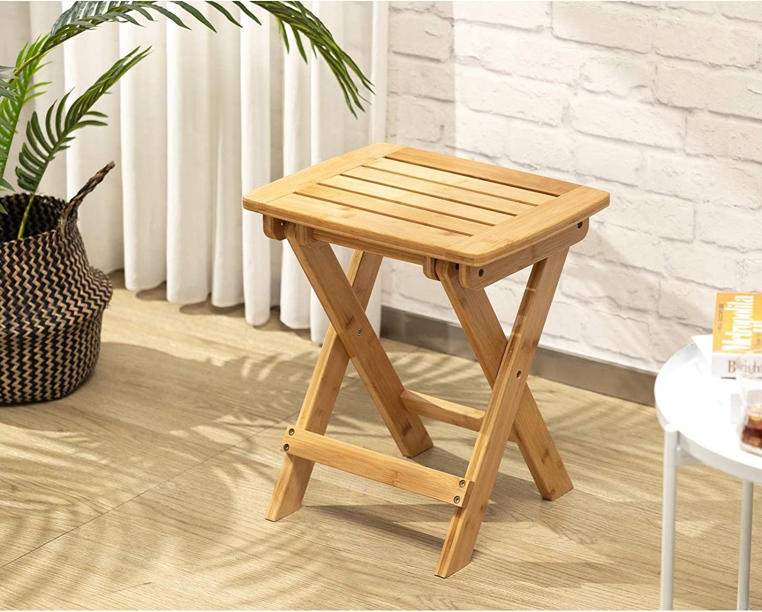 Modern Bamboo Folding Stool Natural Shower Bench Foot Rest for Seating for Home and Living Room Furniture