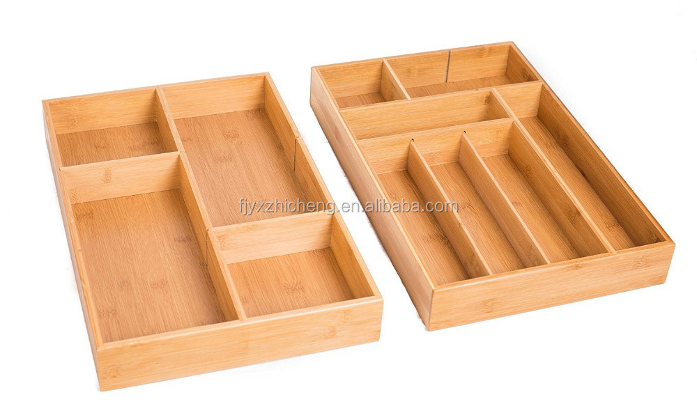 2Pcs Kitchen Bamboo Silverware Trays Set With Adjustable Dividers Fits spoons, forks, knives and other kitchen utensils