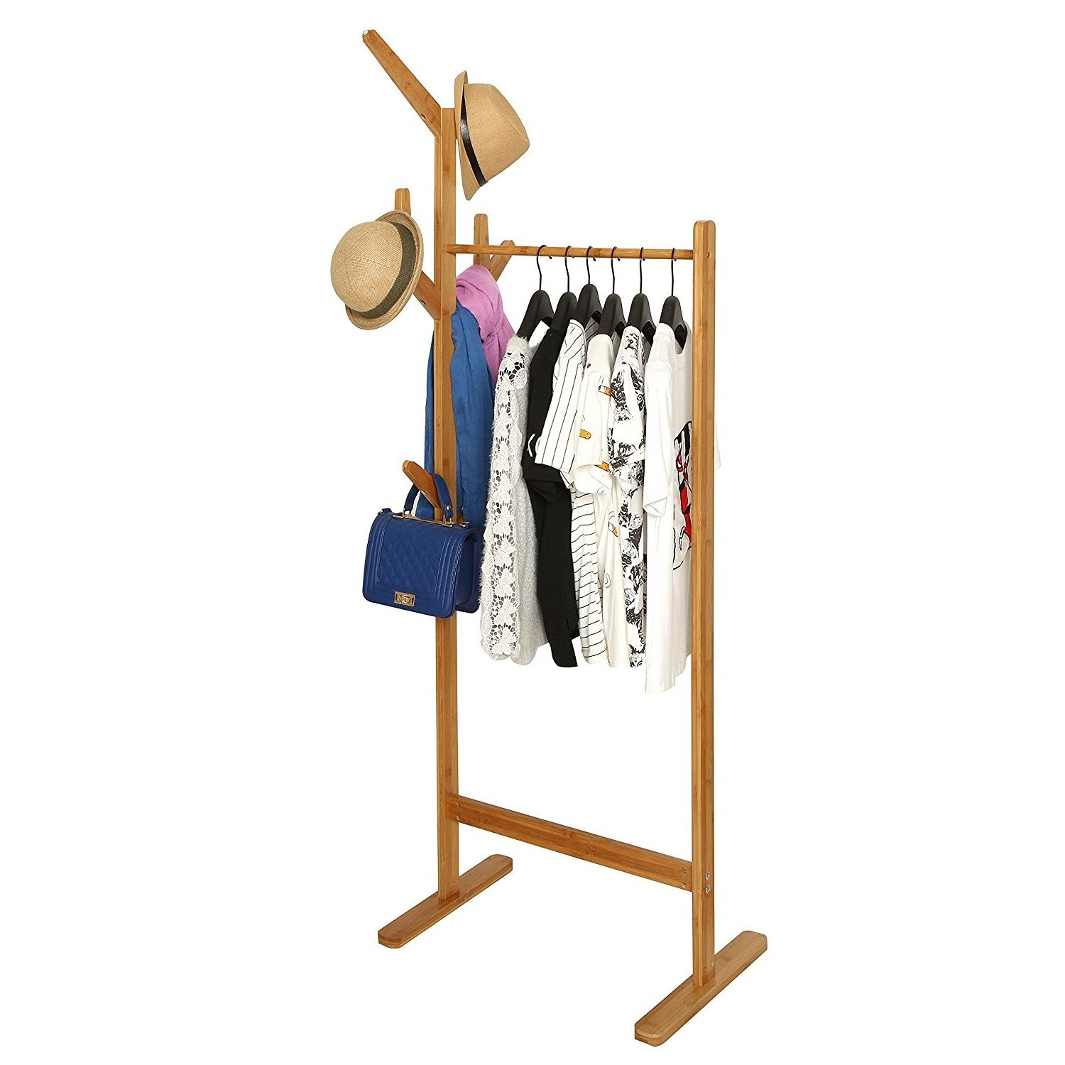 Freestanding Bamboo Hanger Stand 6-Hooks Storage Shelf Organizer Entryway Hall Tree Coat Tree Modern Garment Rack