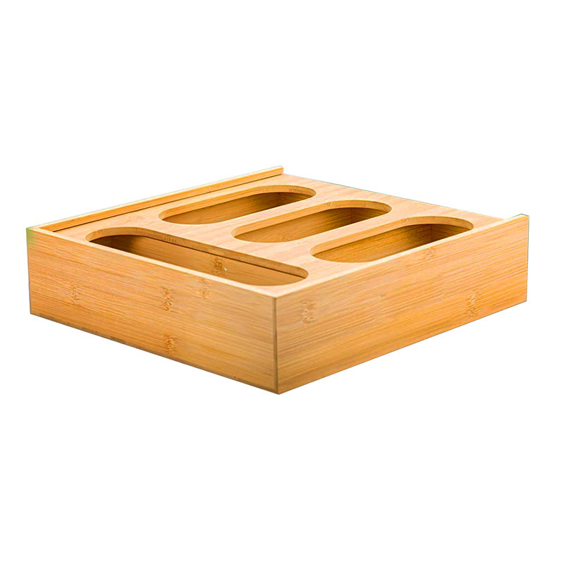 Bamboo Food Storage Bag Holders Zip Lock Container Box Baggie Dispenser Box for Kitchen Bamboo Ziplock Bag Organizer