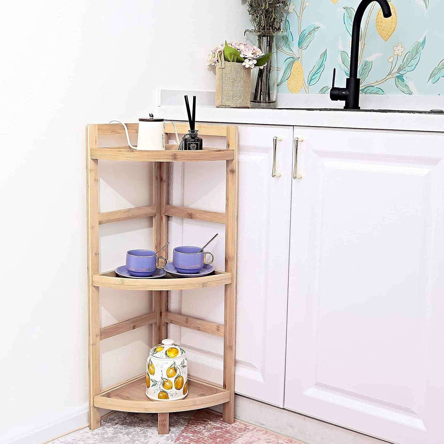 3 Tier Bamboo Corner Shelf for Living Room and Kitchen for Bathrooms