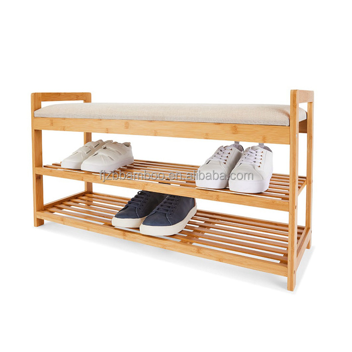 Bamboo Bench with Shoe Rack Storage and Soft Seat Pad for Entryway Hallway Living Room Warehouse Mall