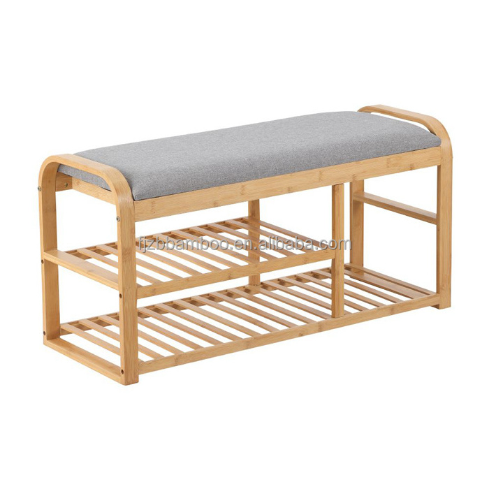 Bamboo Bench with Shoe Rack Storage and Soft Seat Pad for Entryway Hallway Living Room Warehouse Mall