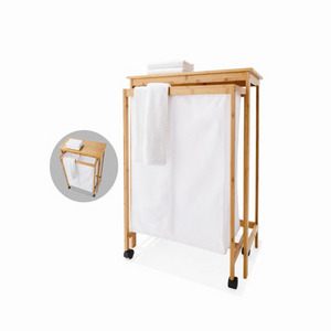 Bamboo Laundry Hamper and Shelf, 2 Sections Laundry Basket with Removable Liner, Dual Compartments Laundry Organizer and Storage