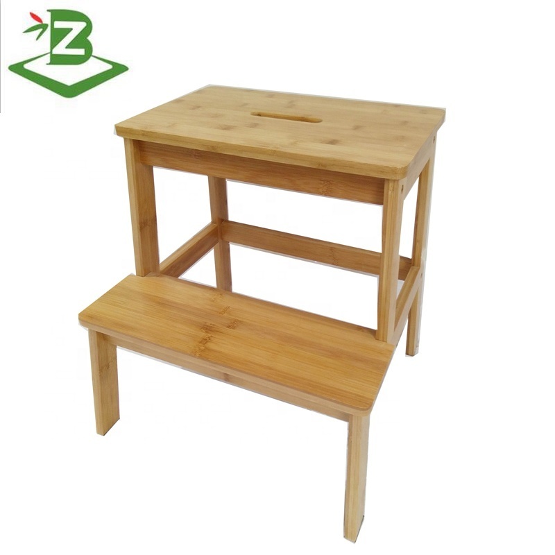 Folding Step Stool 2 Tier Bamboo Ladder, 2-in-1 Design with Ladder, Multifunction Foldable Ladder for home and outdoors