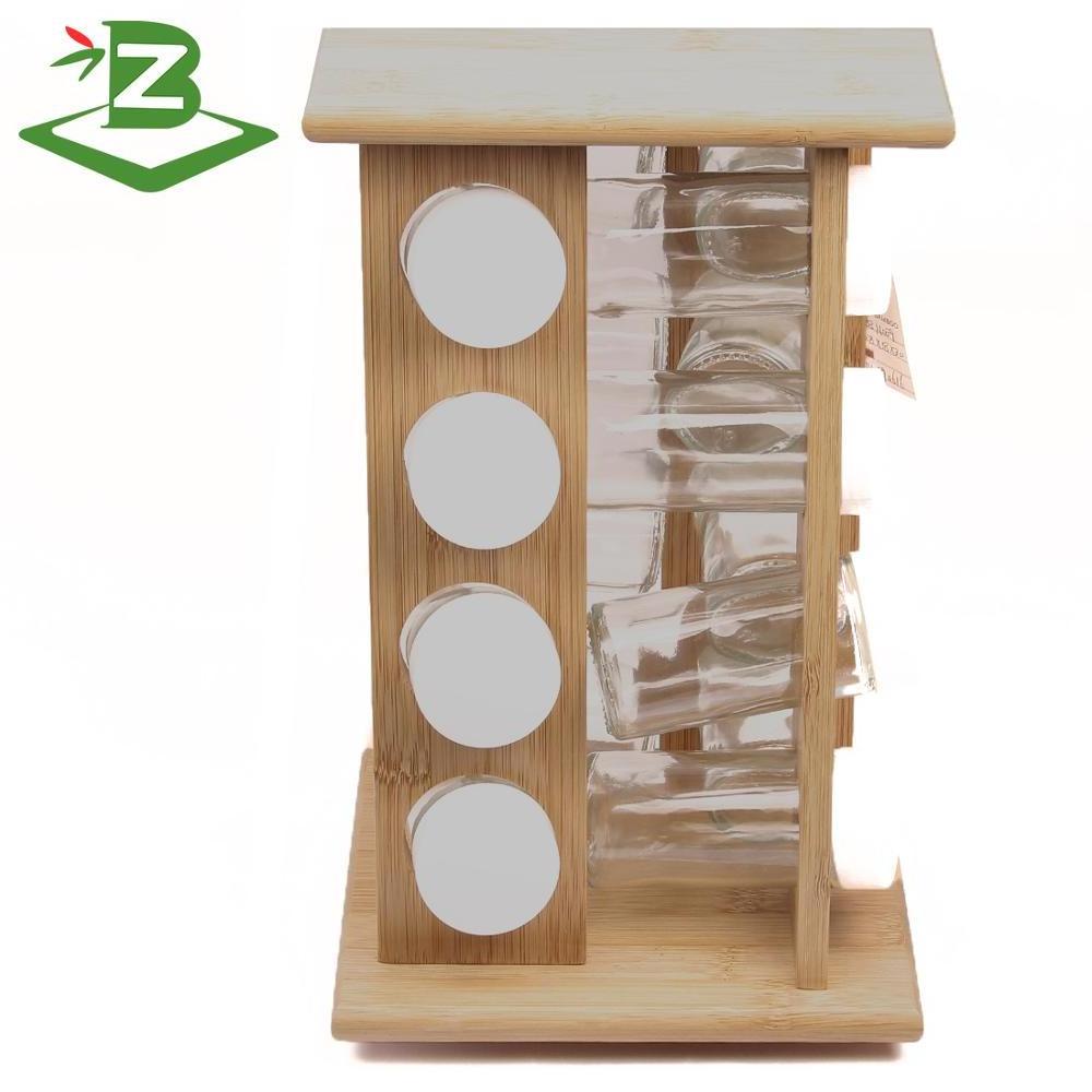 Bamboo rotating spice holder with 16 glass bottles