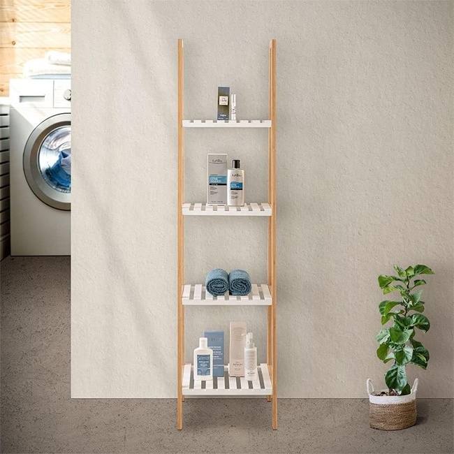 ZB BSCI Factory Multifunctional Bamboo 4-tier trapeziform rack with white shelf