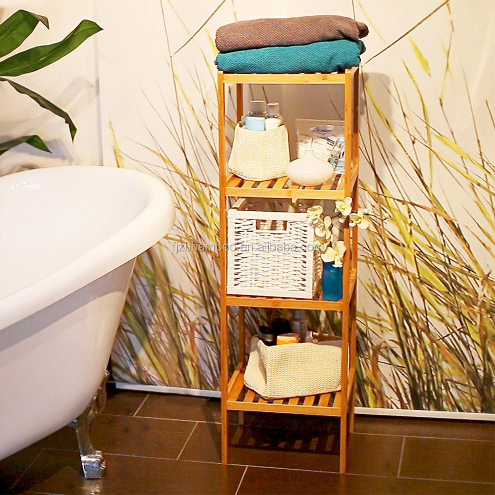 Bamboo Bathroom Shelf with 4 Tiers, Free-Standing Shelving Unit