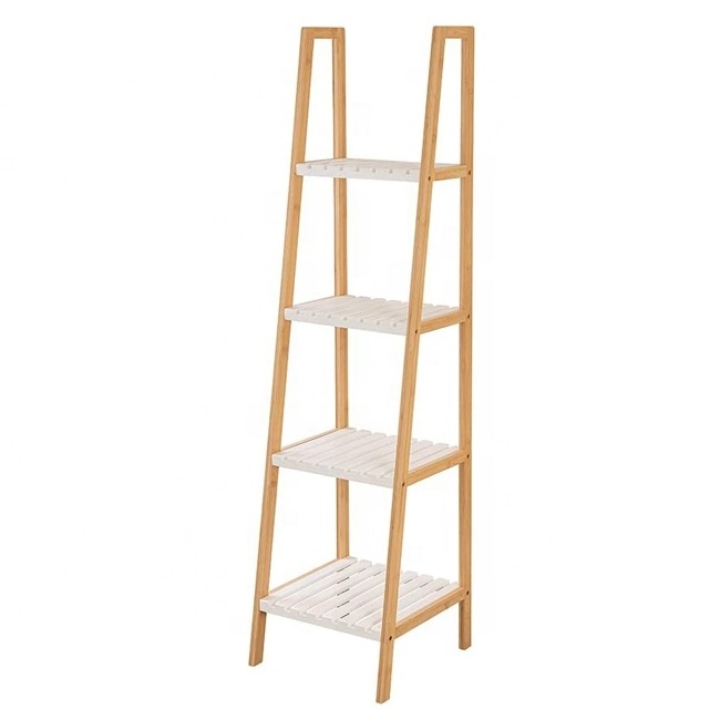 ZB BSCI Factory Multifunctional Bamboo 4-tier trapeziform rack with white shelf