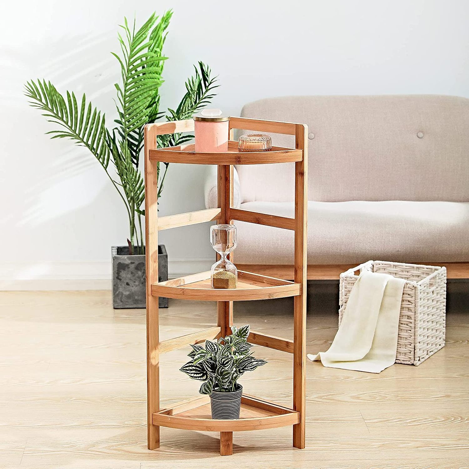 3 Tier Bamboo Corner Shelf for Living Room and Kitchen for Bathrooms