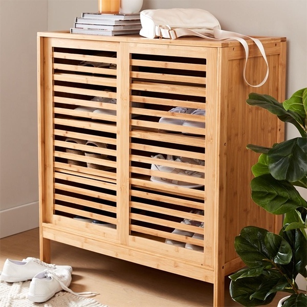 Indoor Bamboo Shoe Cabinet With Sliding Doors Multiple Shelves for Shoe Storage_BSCI Factory