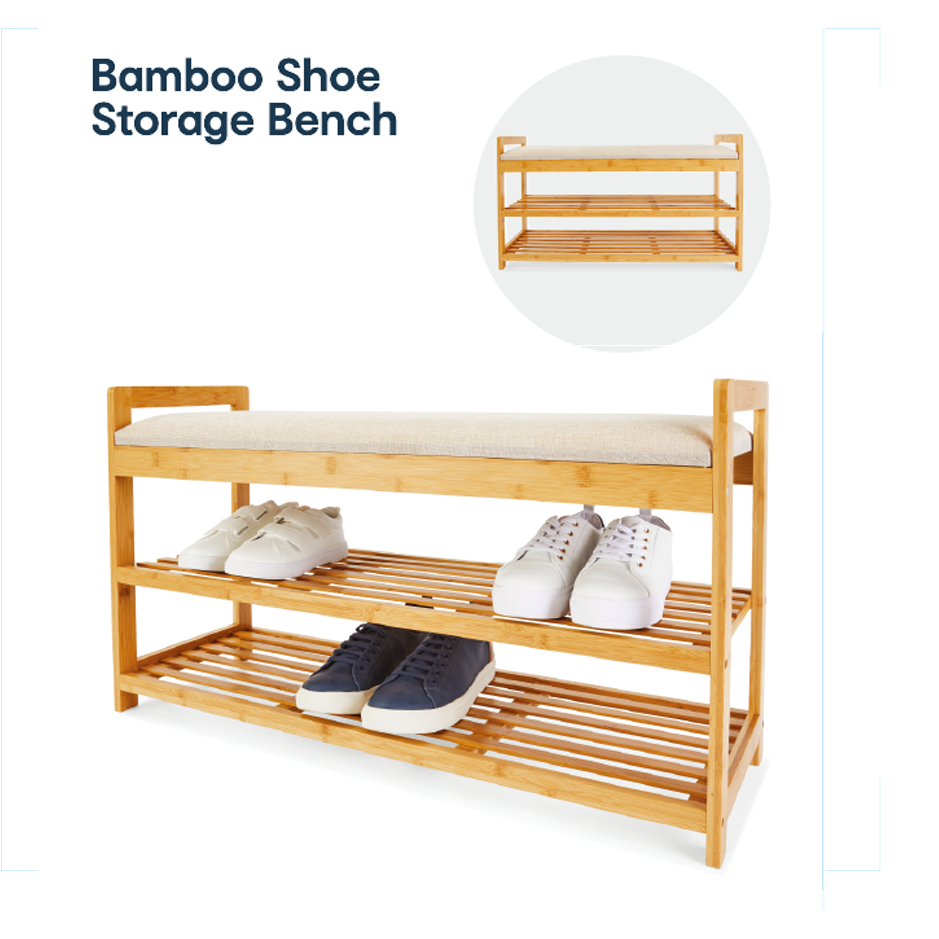 Bamboo Shoe Rack Bench Storage Organizer 3 Tier Entryway Storage Bench Shoes Organizer with Seat