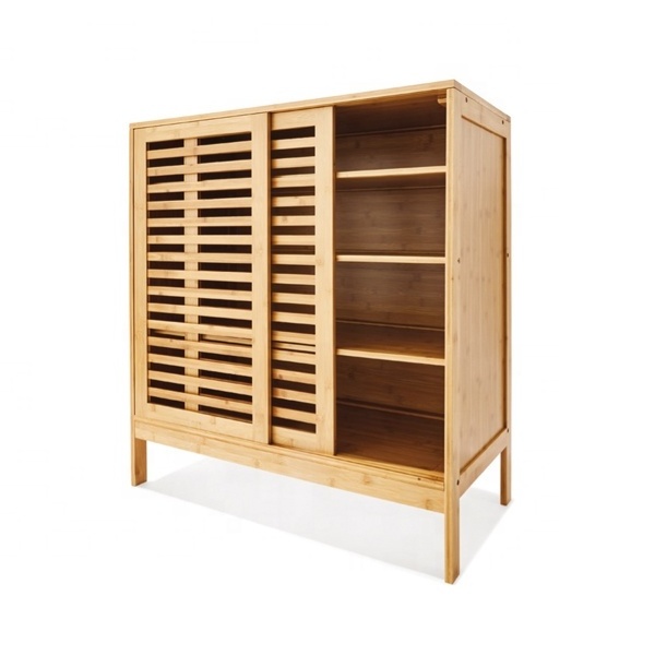 Indoor Bamboo Shoe Cabinet With Sliding Doors Multiple Shelves for Shoe Storage_BSCI Factory