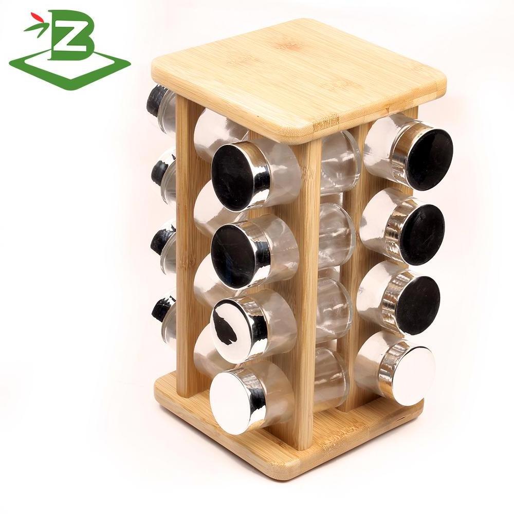 Bamboo rotating spice holder with 16 glass bottles