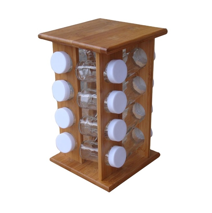 Bamboo rotating spice holder with 16 glass bottles