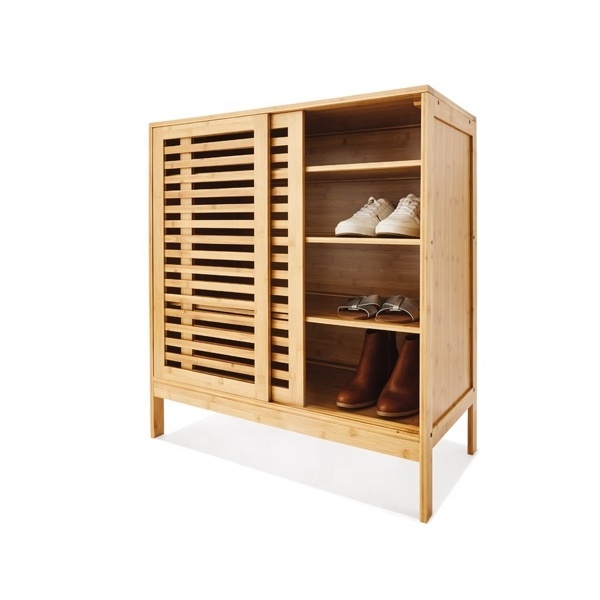 Indoor Bamboo Shoe Cabinet With Sliding Doors Multiple Shelves for Shoe Storage_BSCI Factory