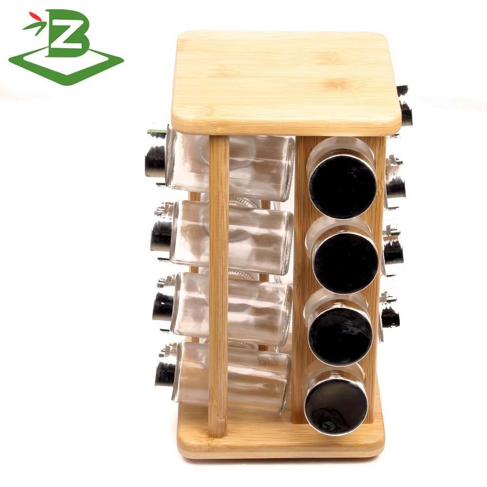 Bamboo rotating spice holder with 16 glass bottles